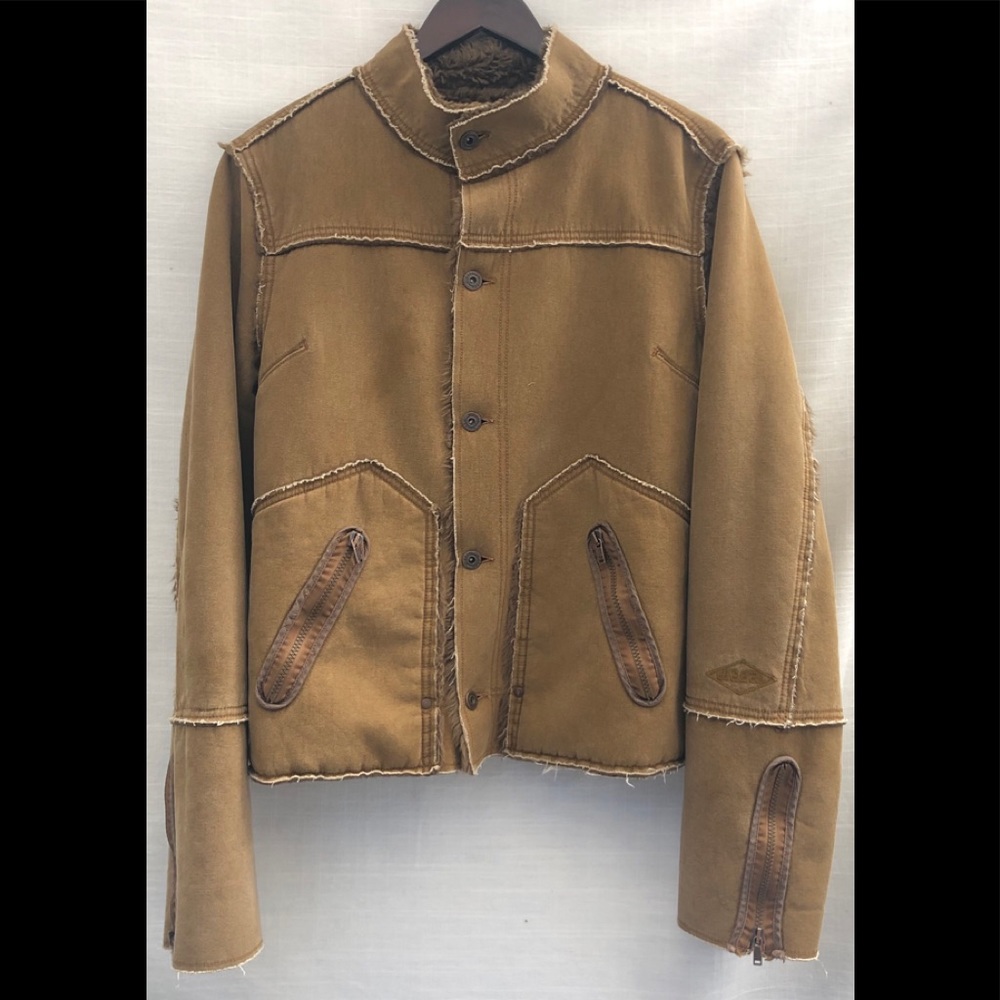 Diesel Jacket Faux Shearling Women L Brown Button Down Mock Neck Zip Pockets